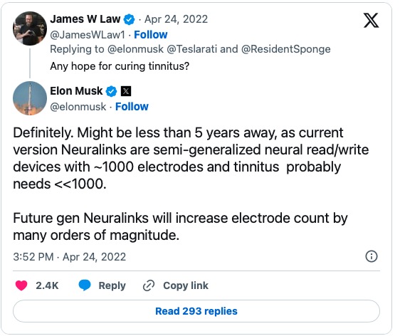 Elon Musk twierdzi, że chip Neuralink wyleczy szumy uszne w 5 lat 1gentlewoman - ELON MUSK TWEETgentlewoman -